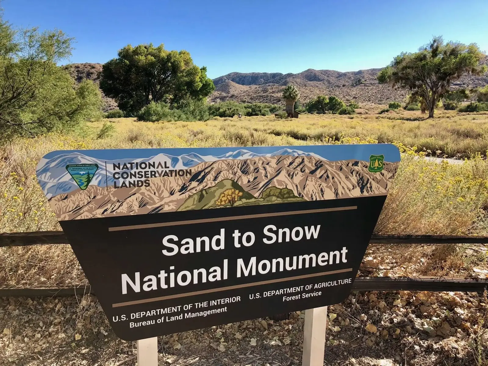 Sand to Snow National Monument entrance sign, managed by the BLM and US Forest Service